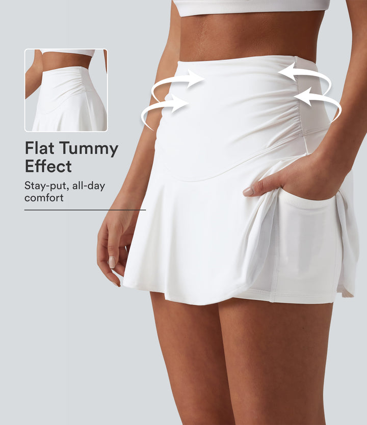 High Waisted Ruched Tummy Control 2-in-1 InstantCool Quick Dry Mini Workout A-Line Skirt with Pockets-UPF50+ — White — view 1
