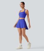 Airy High Waisted Contrast Lace Curved Split Hem 2-in-1 Mini Tennis Skirt with Pockets — Aster Blue — view 8