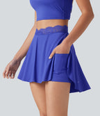 Airy High Waisted Contrast Lace Curved Split Hem 2-in-1 Mini Tennis Skirt with Pockets — Aster Blue — view 1