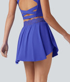 Airy High Waisted Contrast Lace Curved Split Hem 2-in-1 Mini Tennis Skirt with Pockets — Aster Blue — view 3