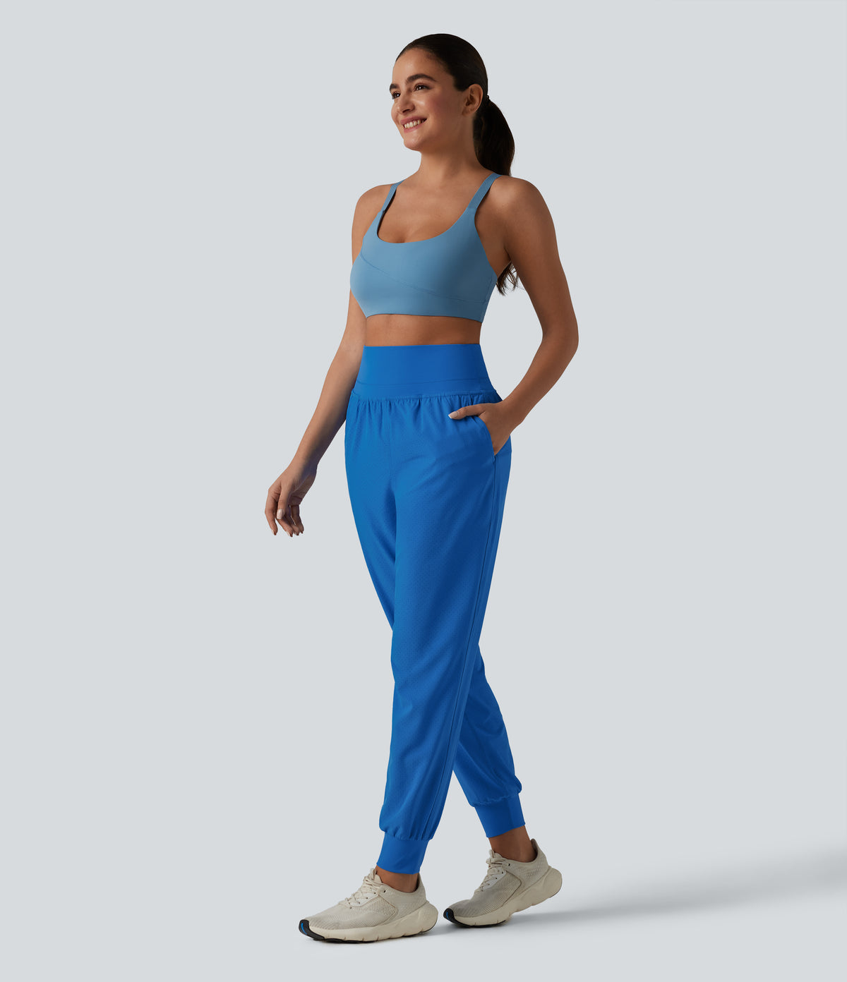 High Waisted Tummy Control 2-in-1 Perforated Quick Dry Running Joggers with Pockets — Strong Blue — view 7