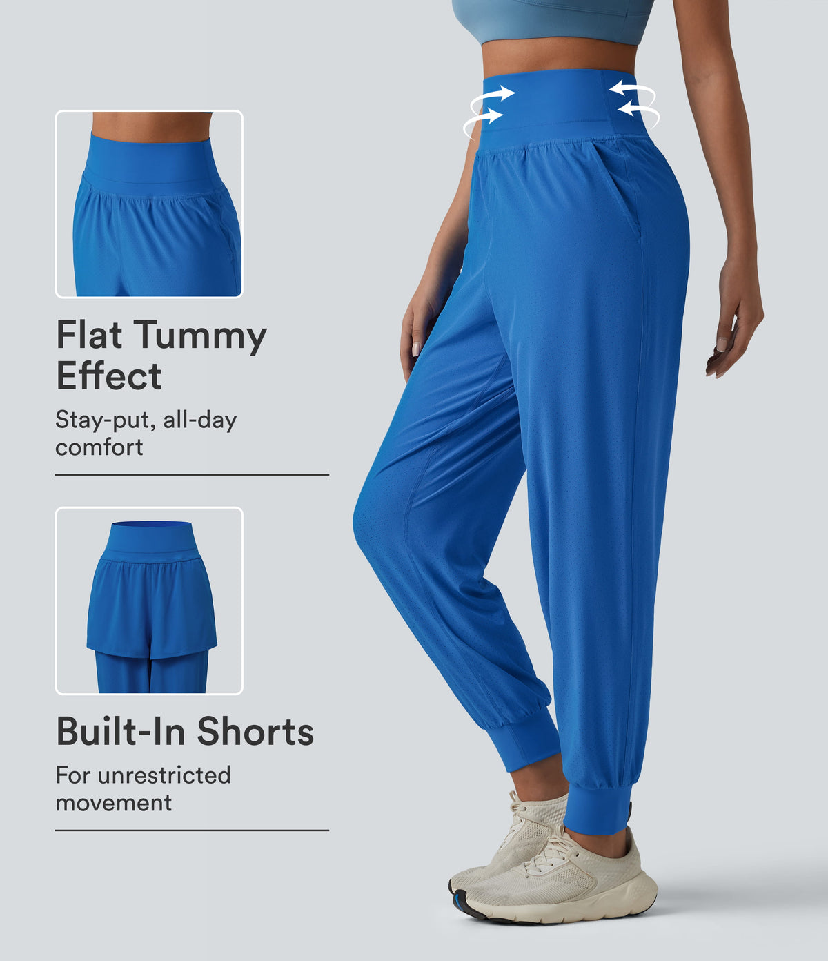 High Waisted Tummy Control 2-in-1 Perforated Quick Dry Running Joggers with Pockets — Strong Blue — view 1