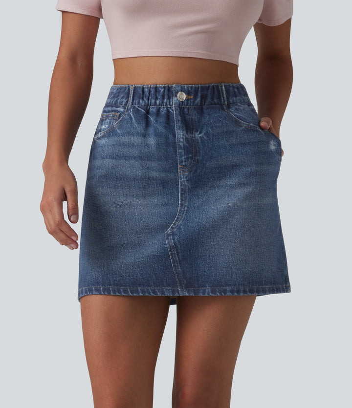 High Waisted Denim Print French Terry Casual Skirt with Pockets — Washed Indigo Blue — view 1