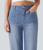 High Waisted Straight Leg Casual Jeans with Pockets — Blue Jasper Denim — view 4