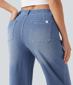 High Waisted Straight Leg Casual Jeans with Pockets — Blue Jasper Denim — view 5
