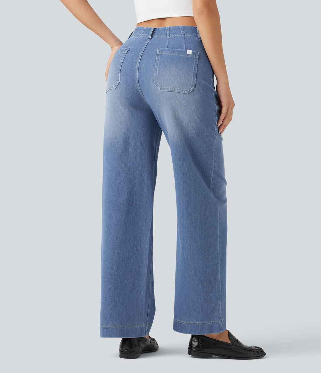 High Waisted Straight Leg Casual Jeans with Pockets — Blue Jasper Denim — view 2