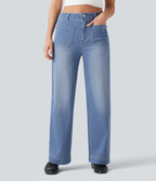 High Waisted Straight Leg Casual Jeans with Pockets — Blue Jasper Denim — view 3