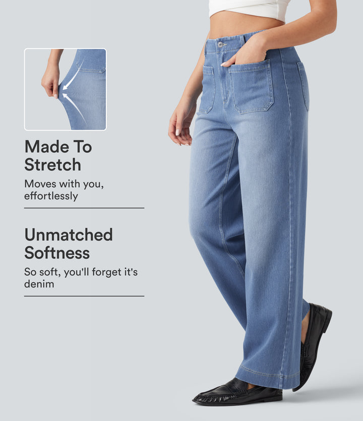 High Waisted Straight Leg Casual Jeans with Pockets — Blue Jasper Denim — view 1