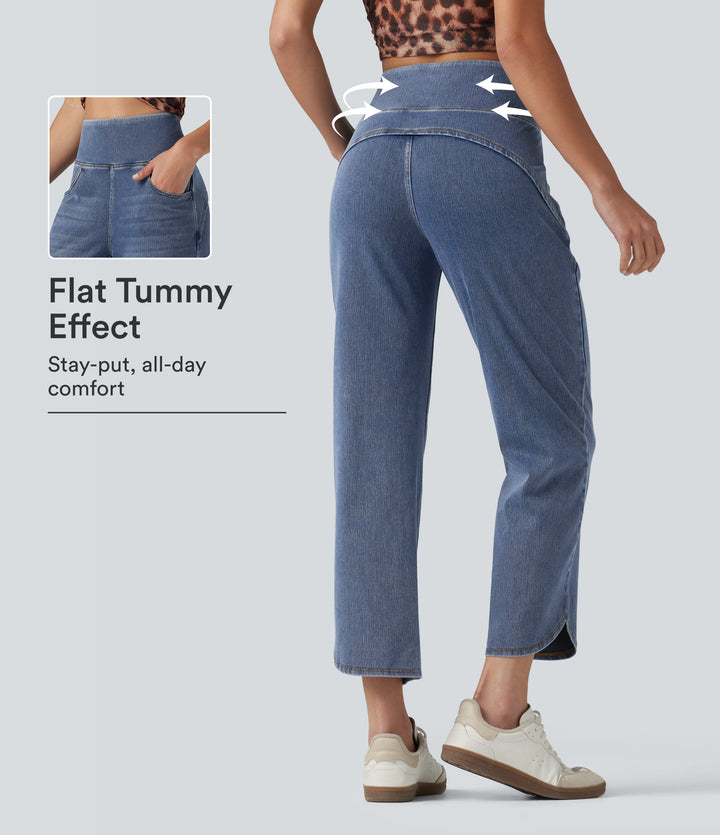 High Waisted Tummy Control Curved Hem Skinny Casual 7/8 Jeans with Pockets — Blue Jasper Denim — view 1