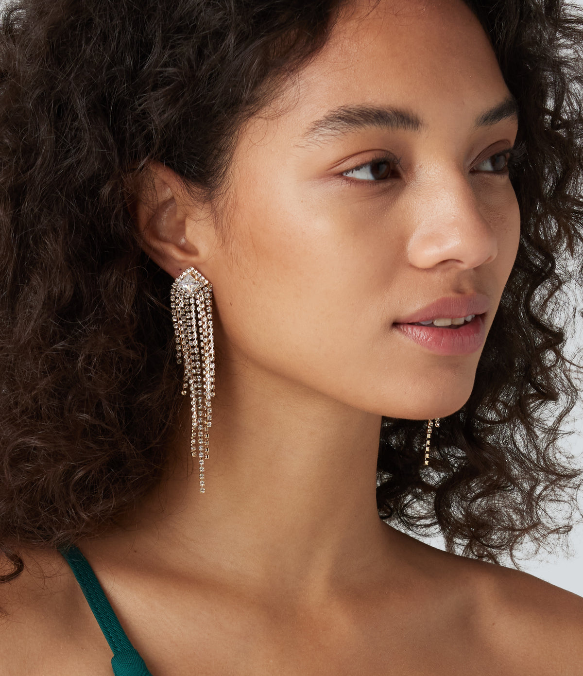 Rhinestone Fringe Earrings — Gold — view 3