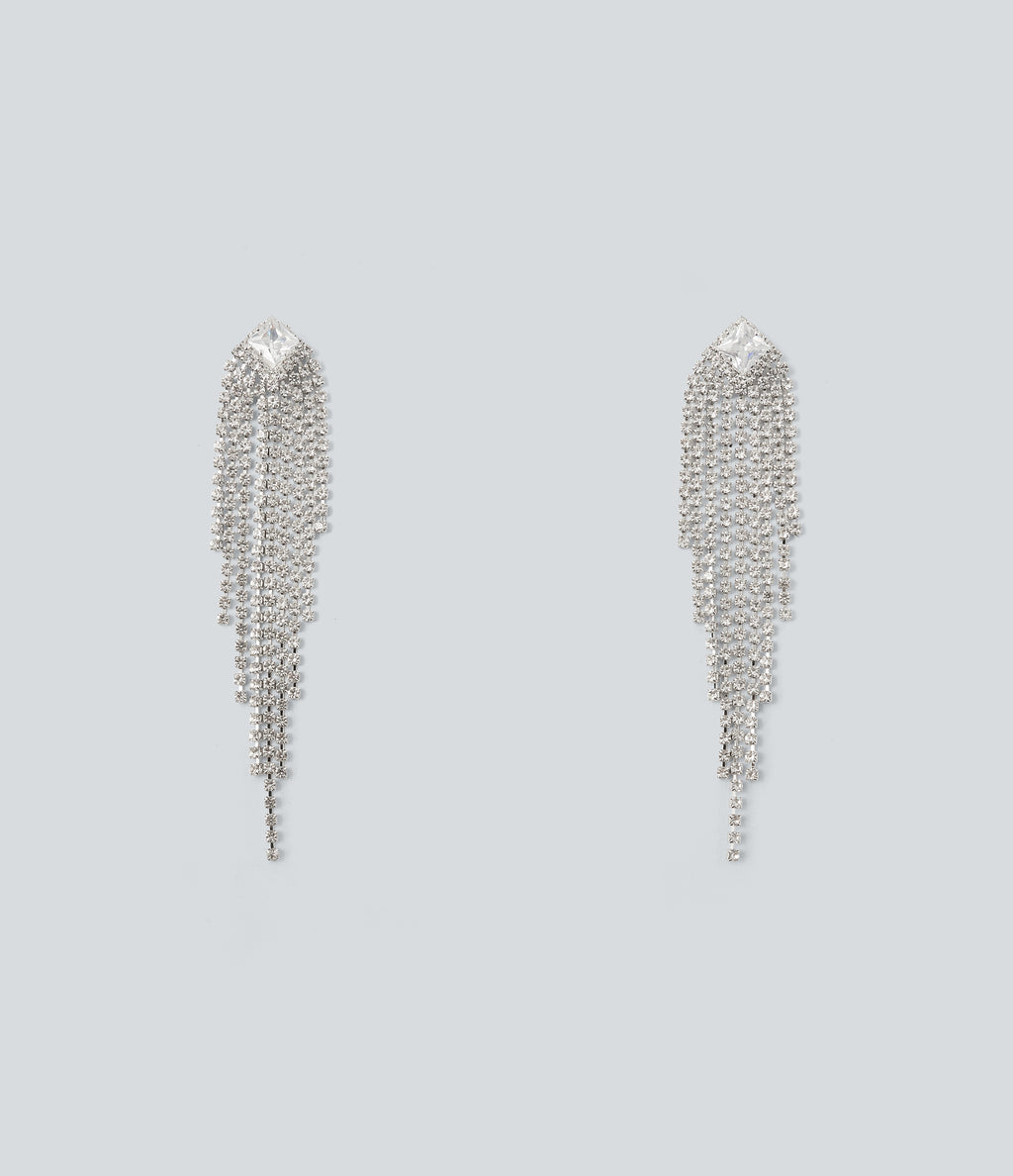 Rhinestone Fringe Earrings — Silver — additional view
