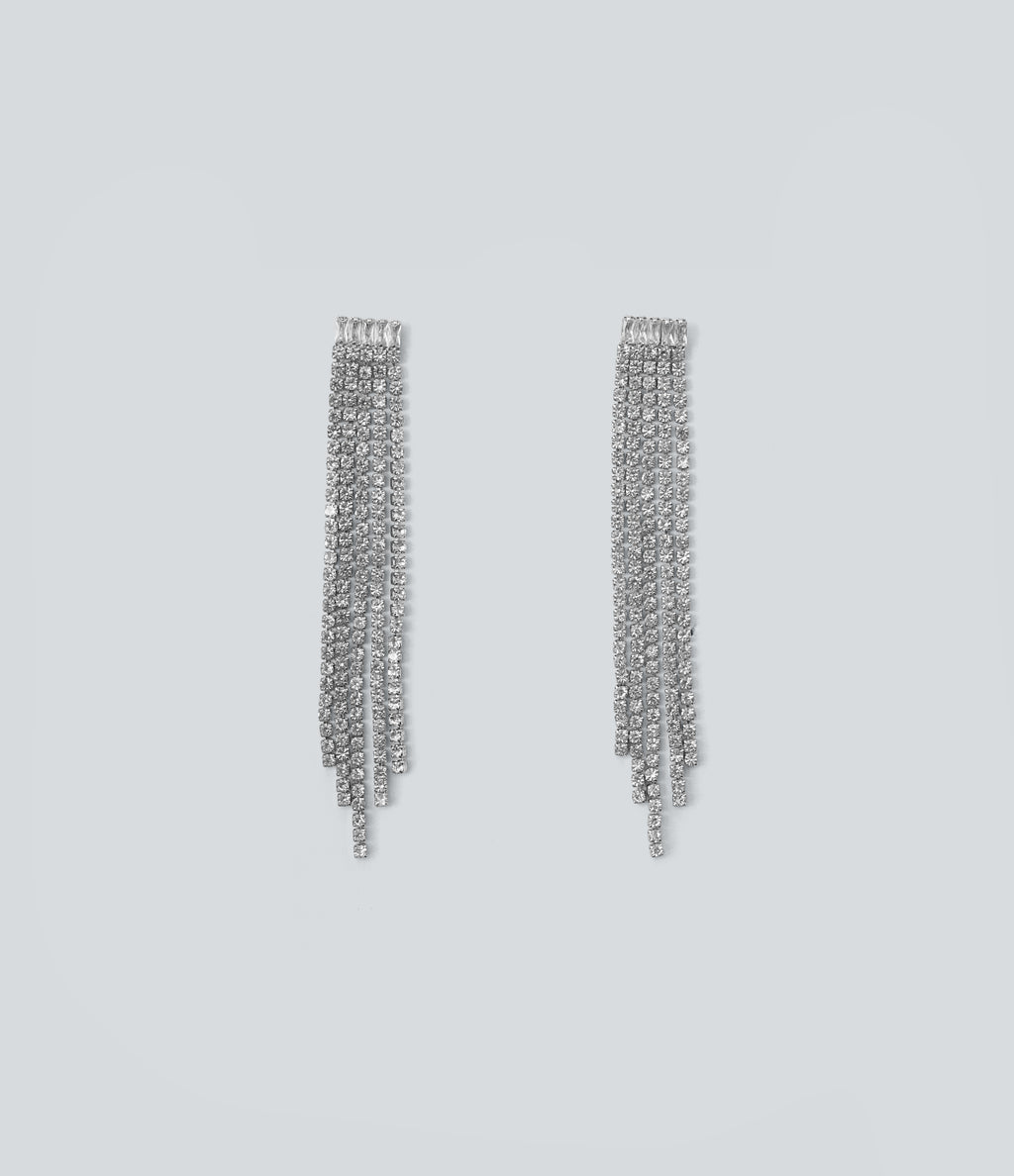Rhinestone Fringe Earrings — Silver — additional view
