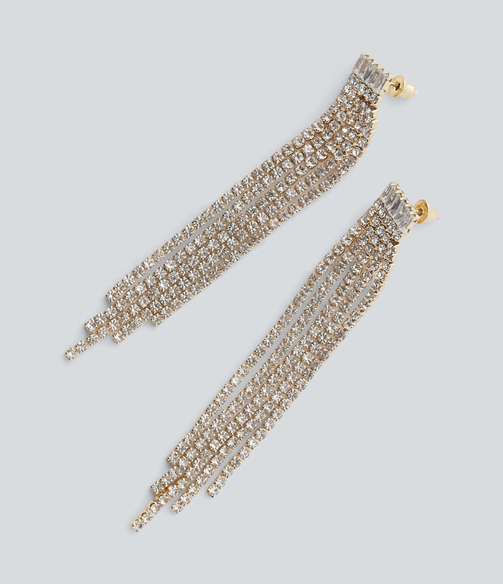 Rhinestone Fringe Earrings — Gold — view 1