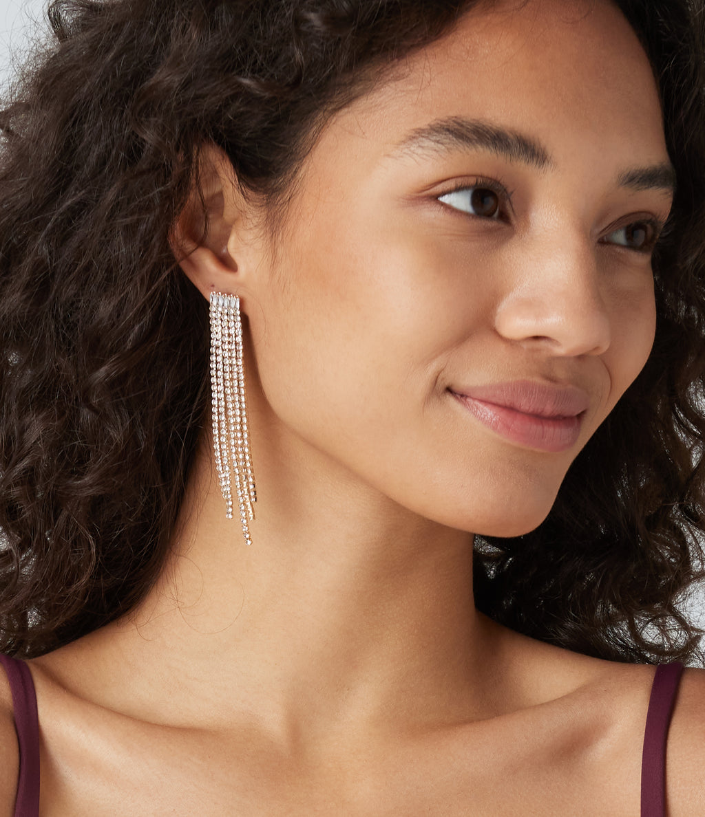 Rhinestone Fringe Earrings — Gold — view 3