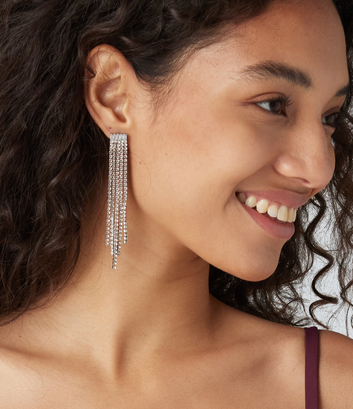 Rhinestone Fringe Earrings — Silver — additional view