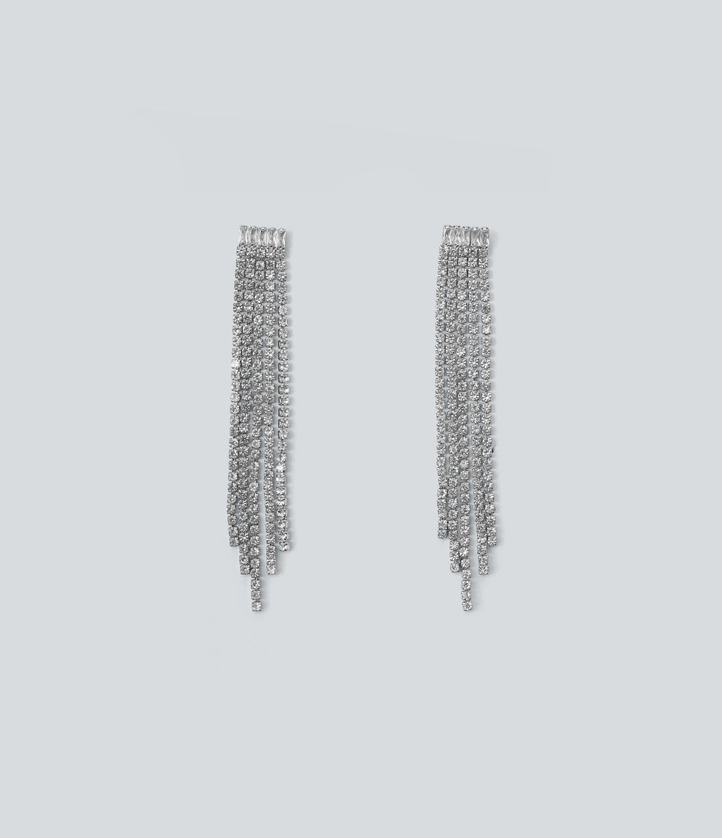 Rhinestone Fringe Earrings — Silver — additional view