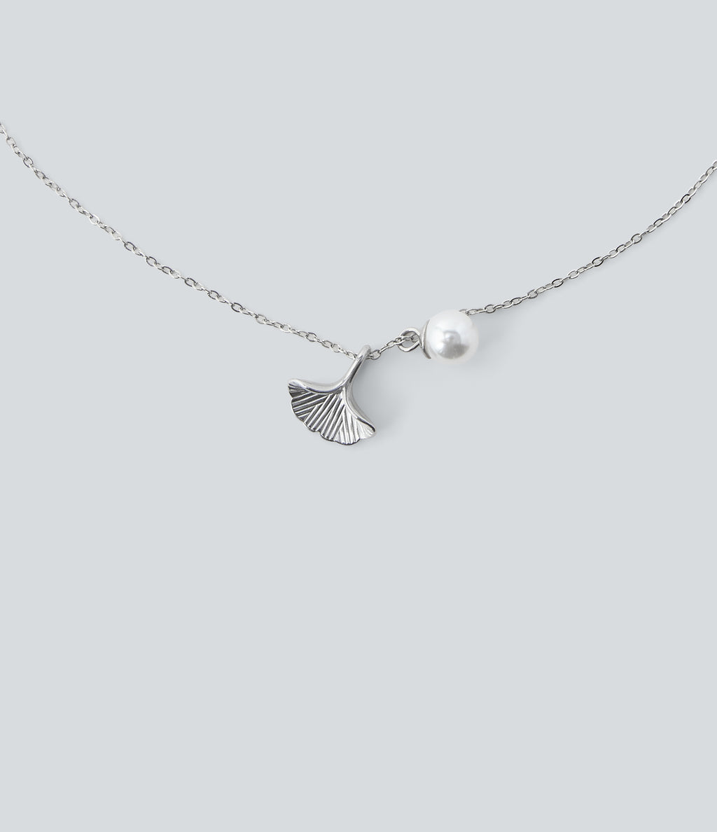 Pearl and Ginkgo Pendant Necklace — Silver — additional view