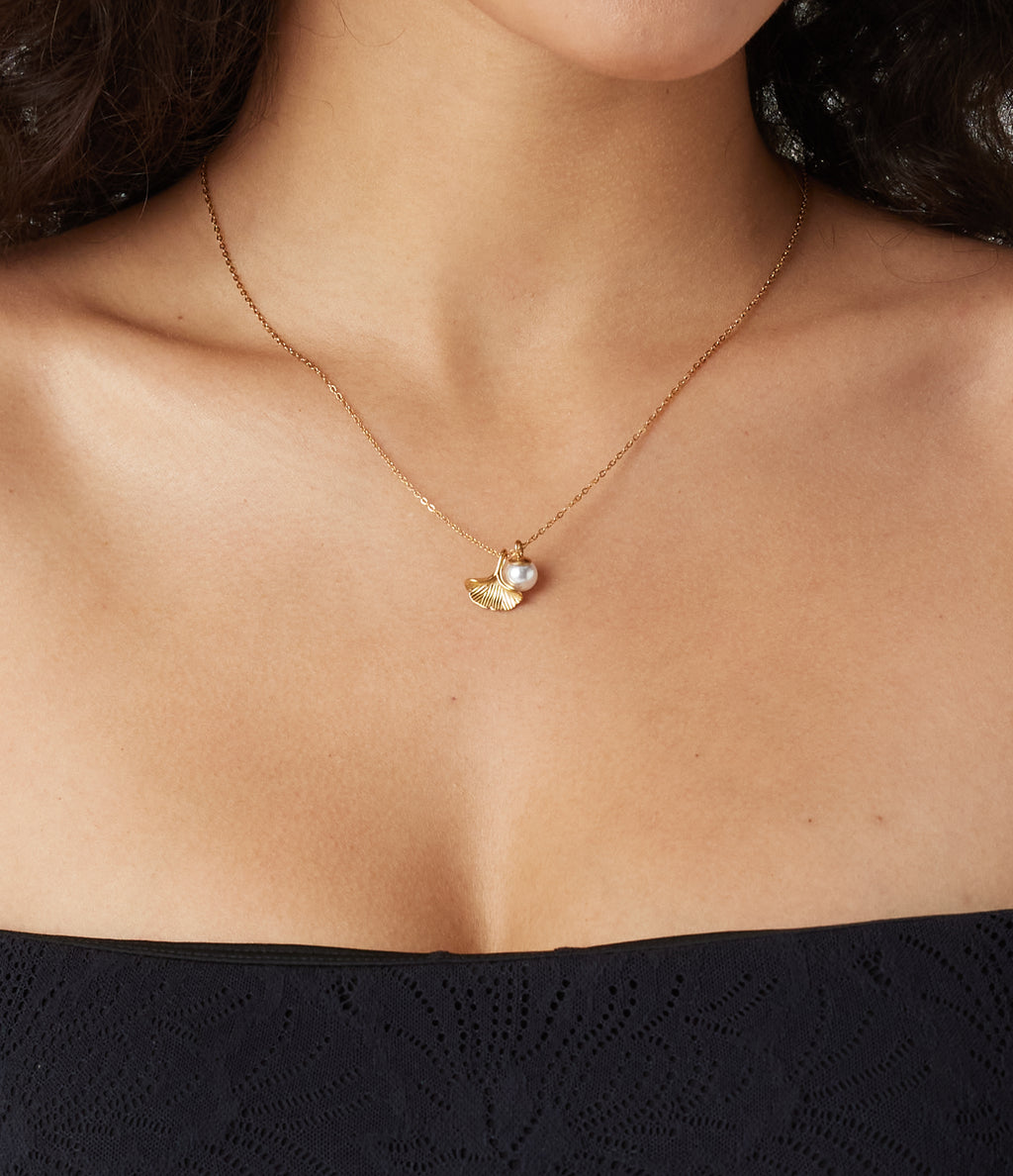 Pearl and Ginkgo Pendant Necklace — Gold — view 3