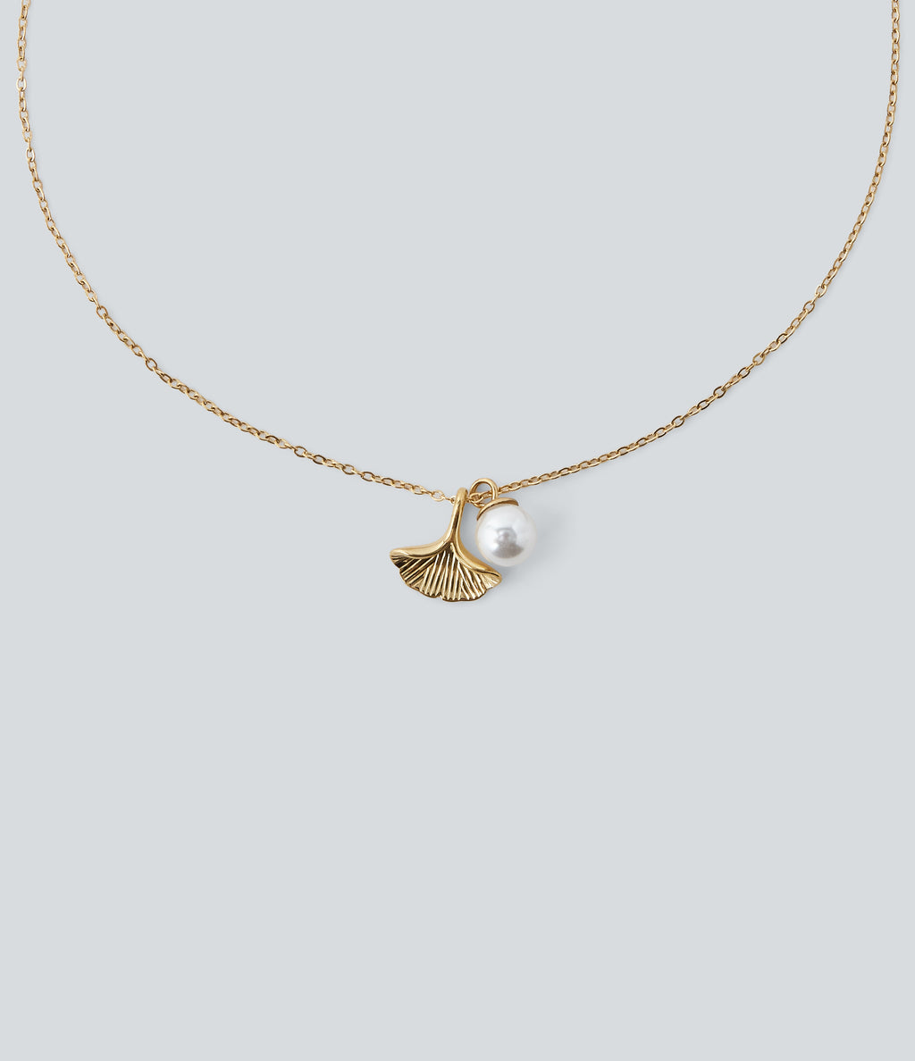 Pearl and Ginkgo Pendant Necklace — Gold — view 2