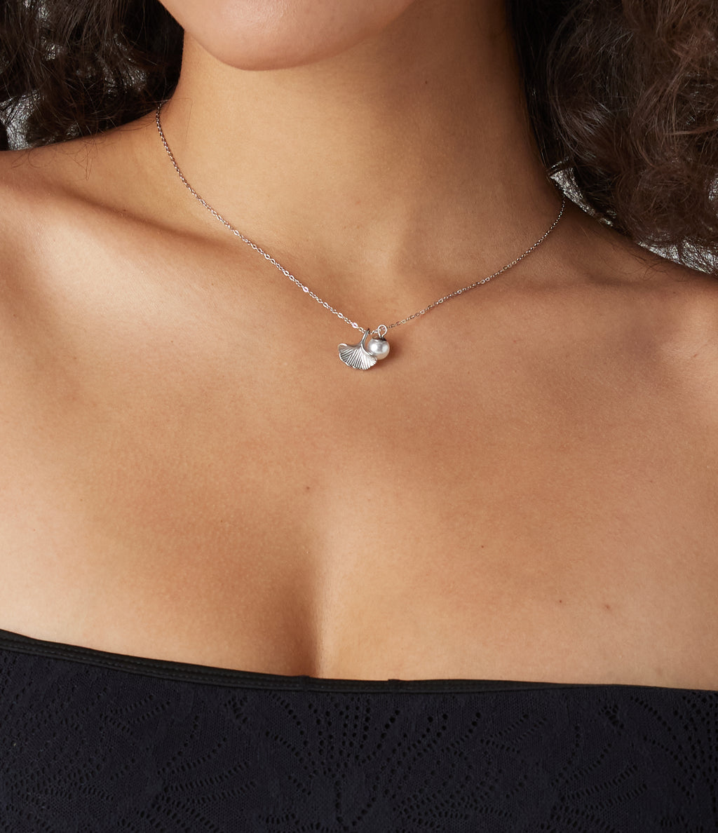 Pearl and Ginkgo Pendant Necklace — Silver — additional view