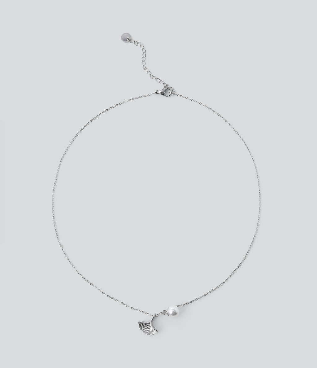 Pearl and Ginkgo Pendant Necklace — Silver — view 4