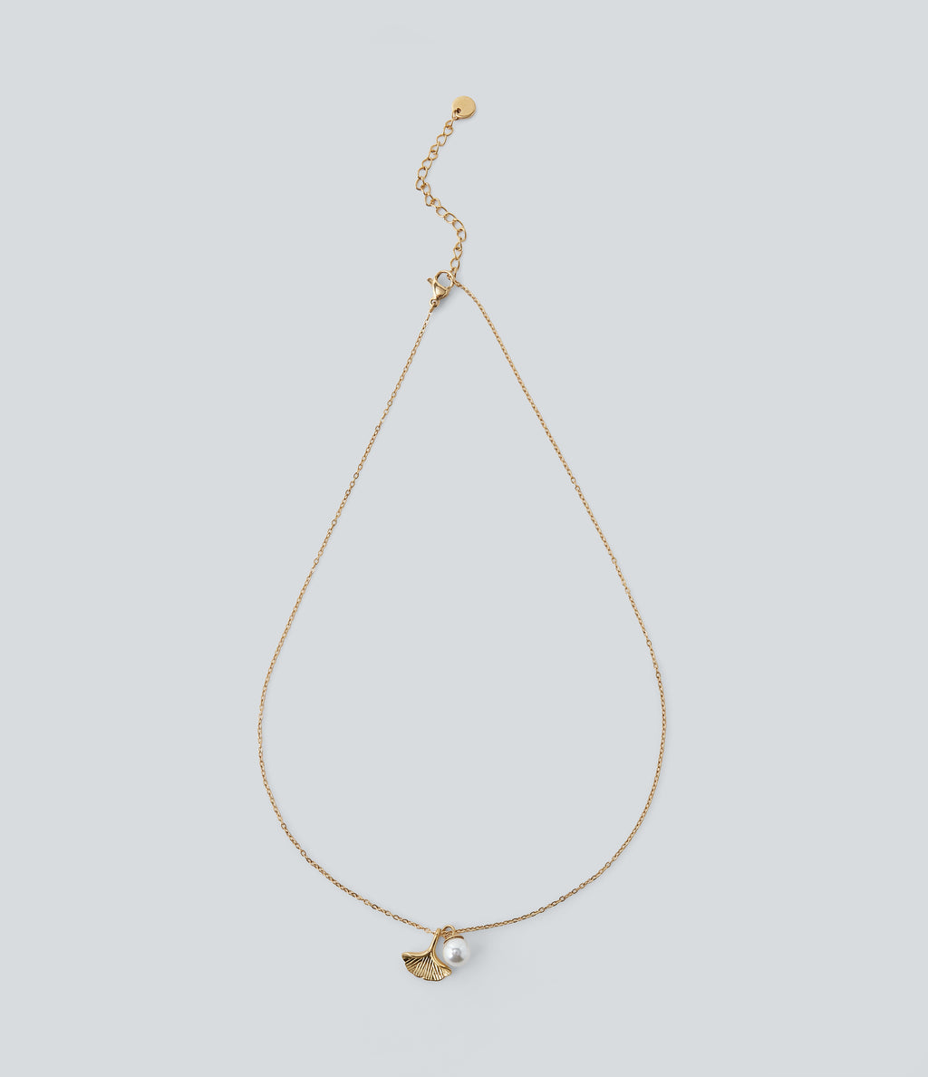Pearl and Ginkgo Pendant Necklace — Gold — view 1