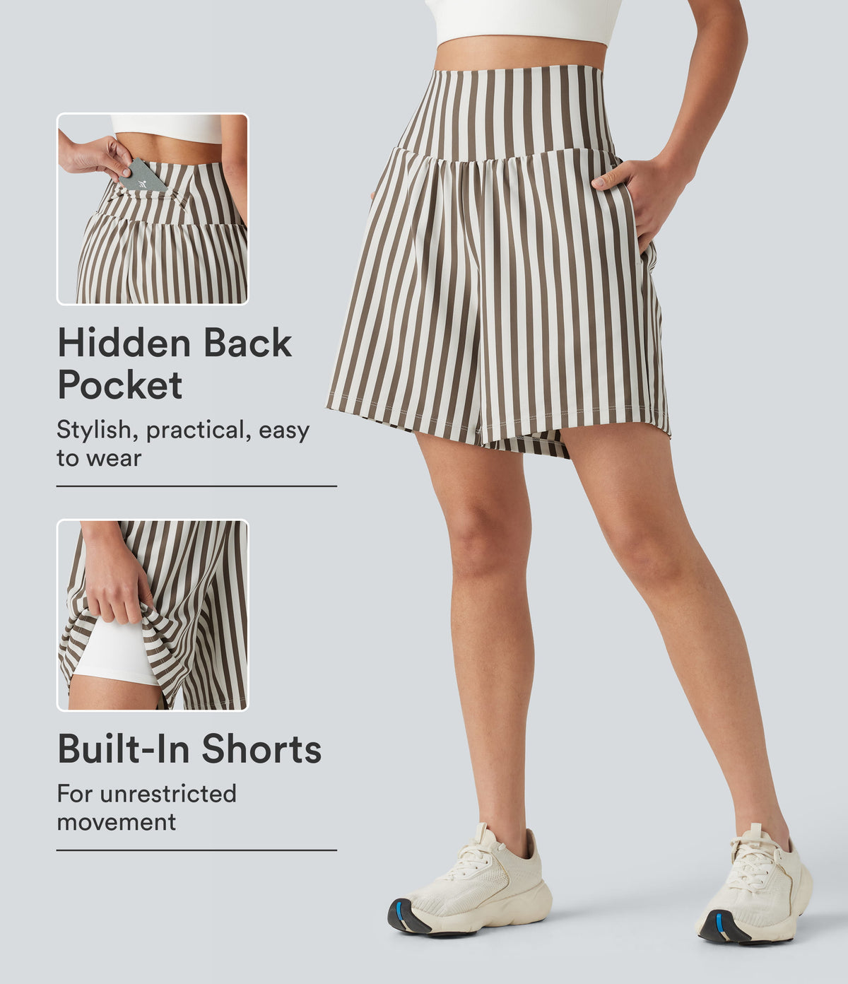 High Waisted 2-in-1 Stripes Yoga Baggy Shorts 7'' with Pockets — Café Mocha — view 1