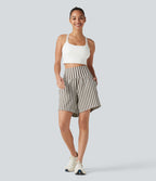 High Waisted 2-in-1 Stripes Yoga Baggy Shorts 7'' with Pockets — Café Mocha — view 8