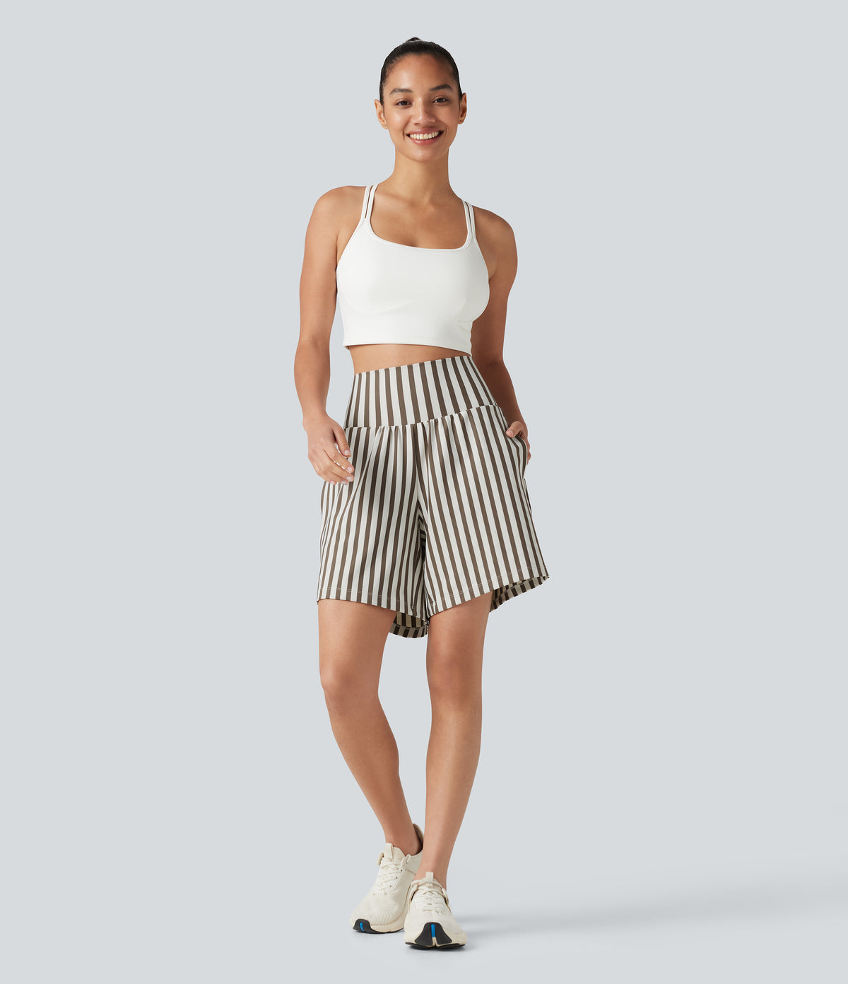High Waisted 2-in-1 Stripes Yoga Baggy Shorts 7'' with Pockets — Café Mocha — view 8