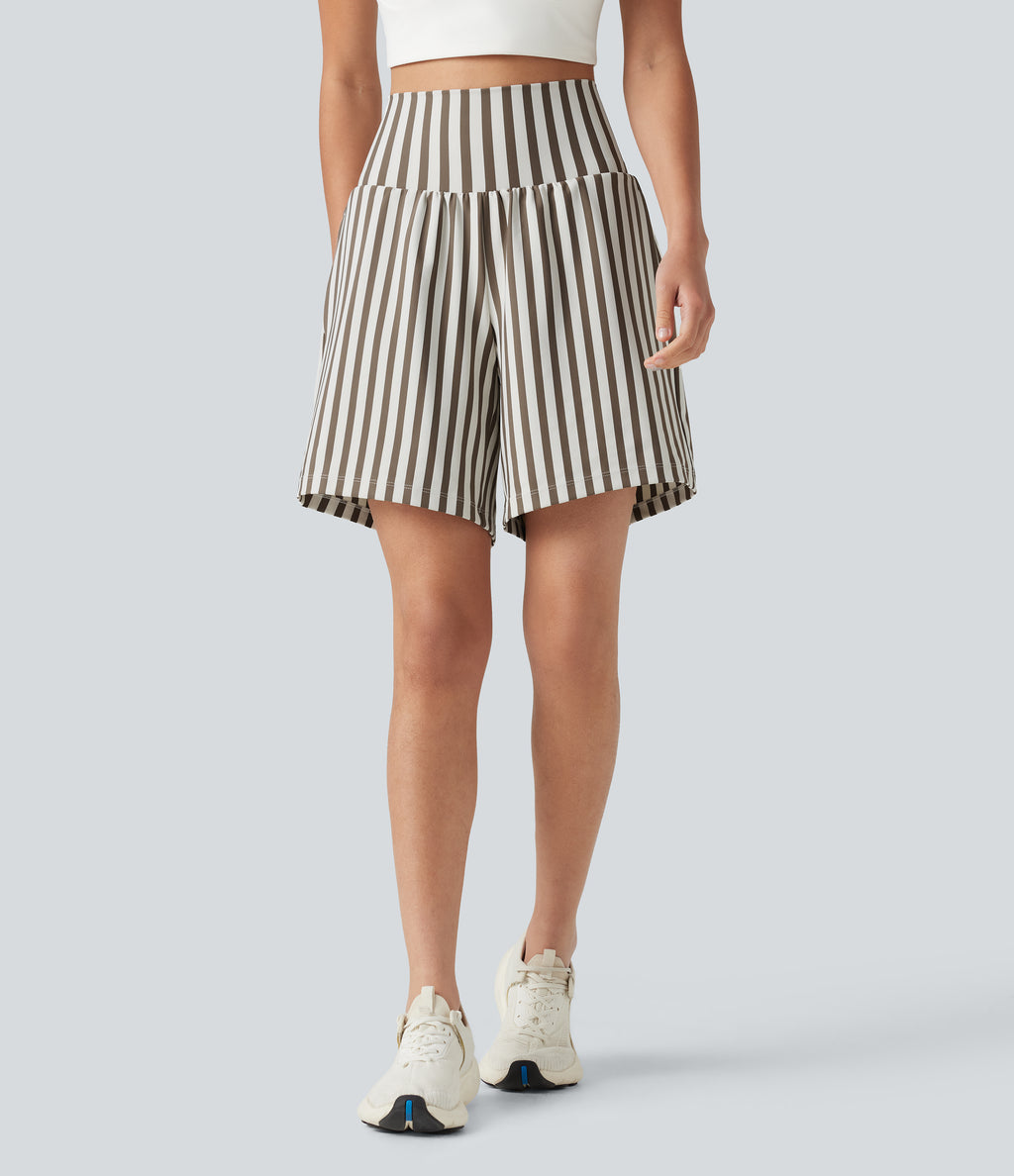 High Waisted 2-in-1 Stripes Yoga Baggy Shorts 7'' with Pockets — Café Mocha — view 3