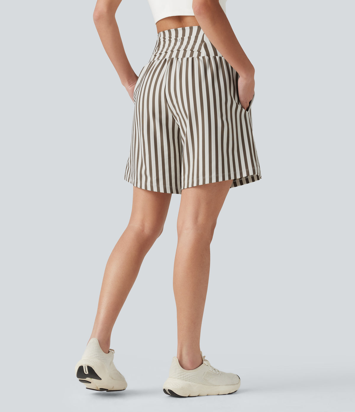 High Waisted 2-in-1 Stripes Yoga Baggy Shorts 7'' with Pockets — Café Mocha — view 2