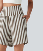 High Waisted 2-in-1 Stripes Yoga Baggy Shorts 7'' with Pockets — Café Mocha — view 4
