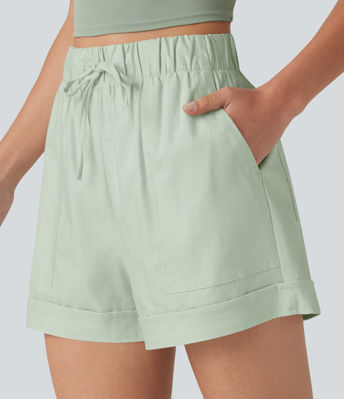 High Waisted Drawstring Rolled Hem Cotton Linen Casual Baggy Shorts with Pockets — Pale Aqua — view 4