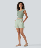 High Waisted Drawstring Rolled Hem Cotton Linen Casual Baggy Shorts with Pockets — Pale Aqua — view 7