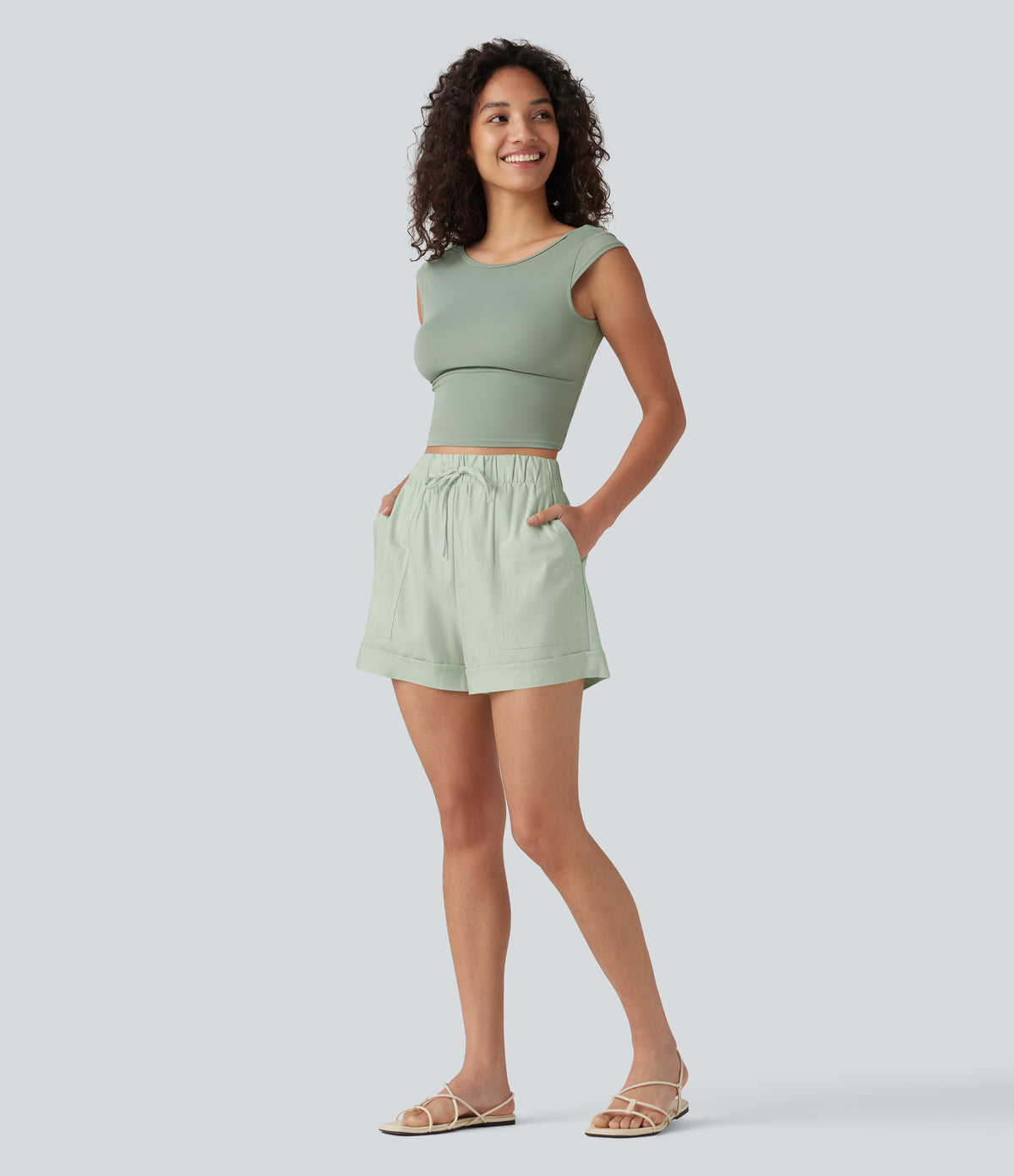 High Waisted Drawstring Rolled Hem Cotton Linen Casual Baggy Shorts with Pockets — Pale Aqua — view 7