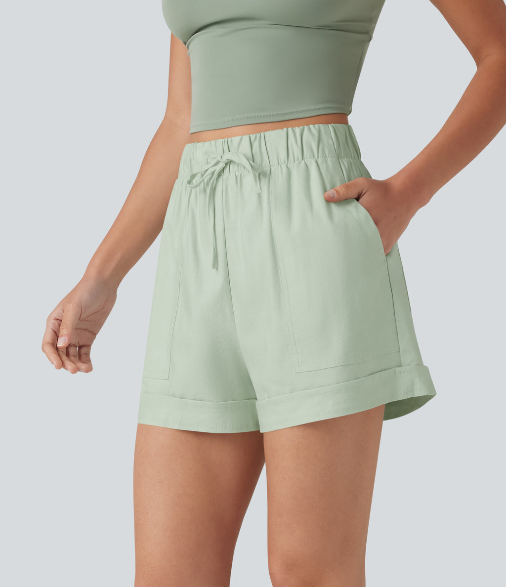 High Waisted Drawstring Rolled Hem Cotton Linen Casual Baggy Shorts with Pockets — Pale Aqua — view 3