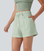 High Waisted Drawstring Rolled Hem Cotton Linen Casual Baggy Shorts with Pockets — Pale Aqua — view 3