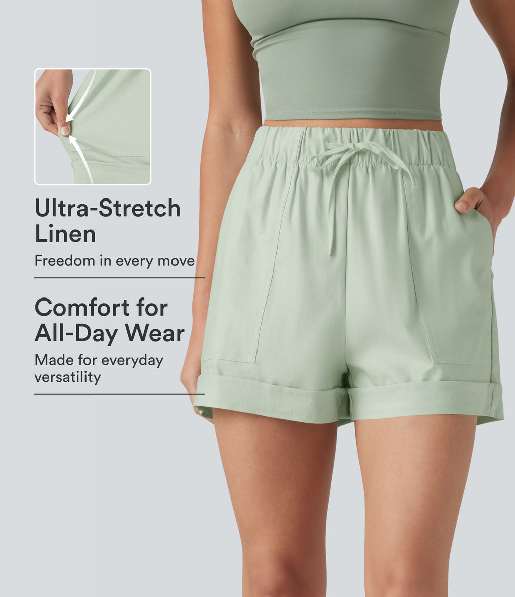 High Waisted Drawstring Rolled Hem Cotton Linen Casual Baggy Shorts with Pockets — Pale Aqua — view 1