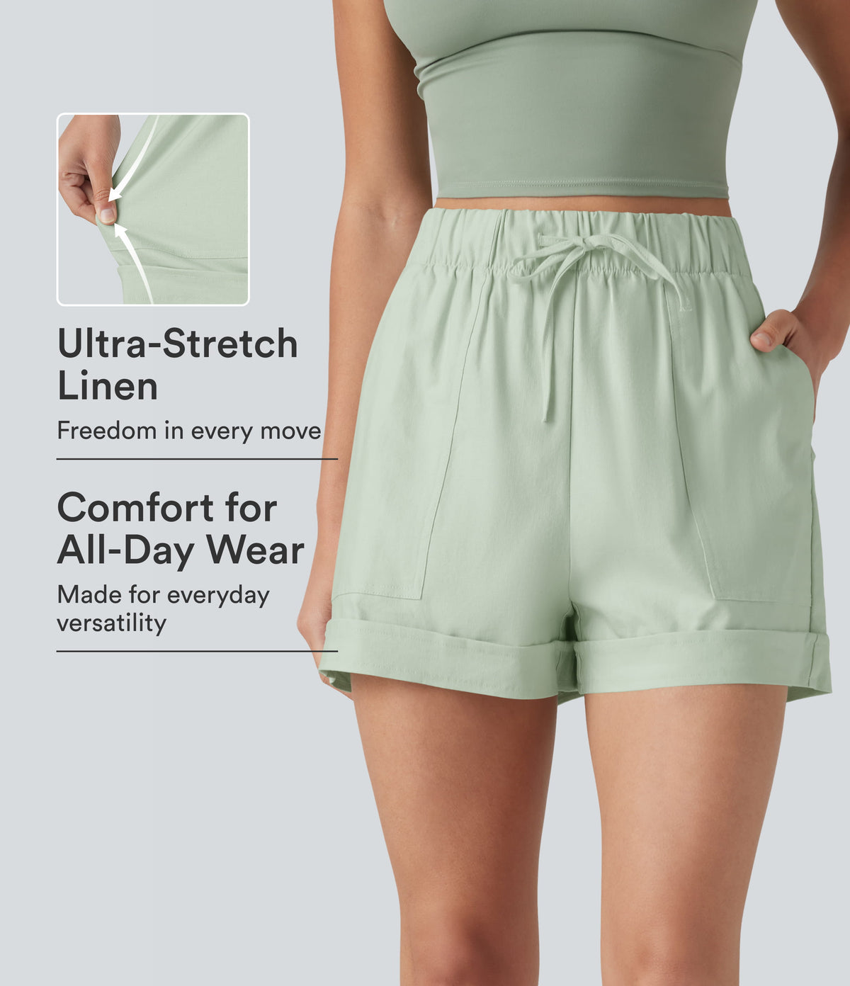 High Waisted Drawstring Rolled Hem Cotton Linen Casual Baggy Shorts with Pockets — Pale Aqua — view 1