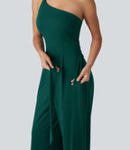 One Shoulder Sleeveless Belted Built-in Bra Party Jumpsuit with Pockets — Rain Forest — view 6