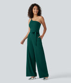 One Shoulder Sleeveless Belted Built-in Bra Party Jumpsuit with Pockets — Rain Forest — view 3