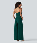 One Shoulder Sleeveless Belted Built-in Bra Party Jumpsuit with Pockets — Rain Forest — view 2