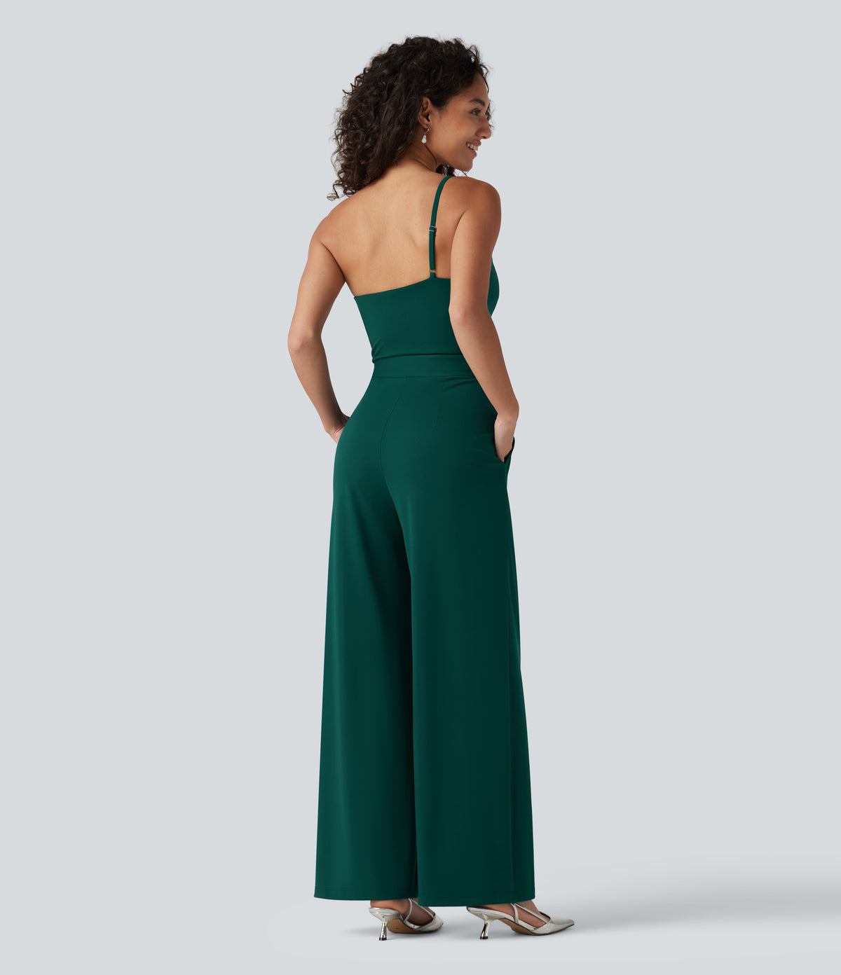 One Shoulder Sleeveless Belted Built-in Bra Party Jumpsuit with Pockets — Rain Forest — view 2