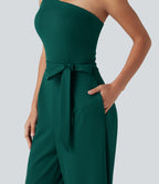 One Shoulder Sleeveless Belted Built-in Bra Party Jumpsuit with Pockets — Rain Forest — view 7