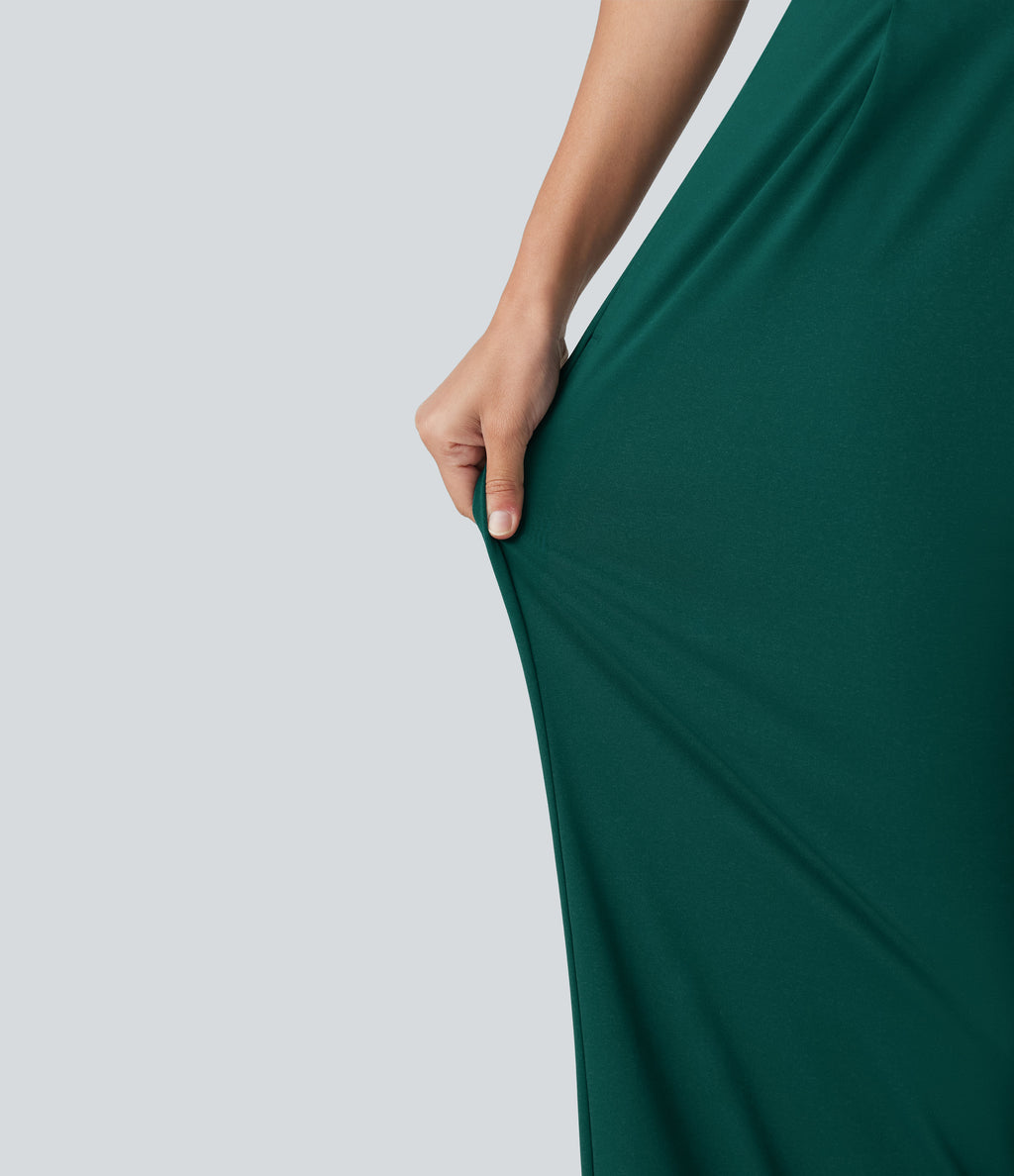 One Shoulder Sleeveless Belted Built-in Bra Party Jumpsuit with Pockets — Rain Forest — view 8