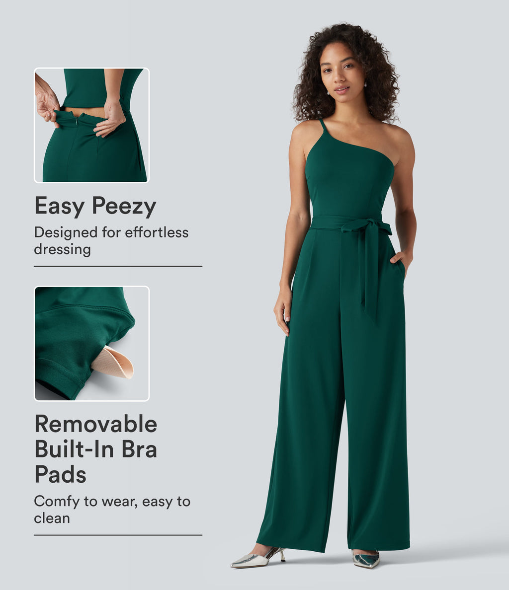 One Shoulder Sleeveless Belted Built-in Bra Party Jumpsuit with Pockets — Rain Forest — view 1