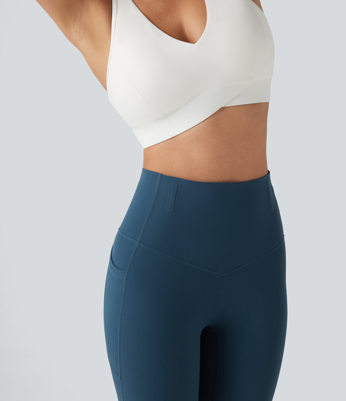 High Waisted Anti-Roll Tummy Control Shaping Workout Pedal Pushers Leggings with Pockets — Majolica Blue — view 5