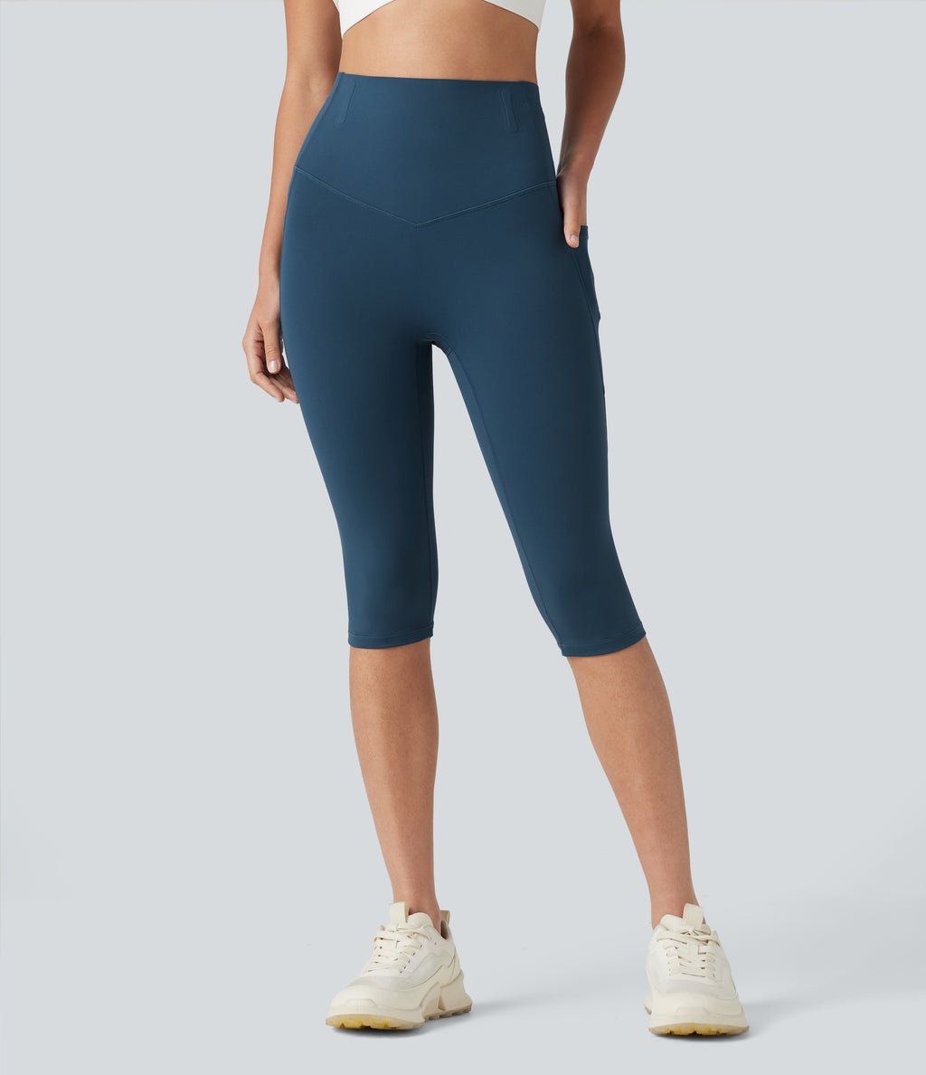 High Waisted Anti-Roll Tummy Control Shaping Workout Pedal Pushers Leggings with Pockets — Majolica Blue — view 3