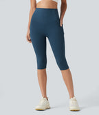 High Waisted Anti-Roll Tummy Control Shaping Workout Pedal Pushers Leggings with Pockets — Majolica Blue — view 3