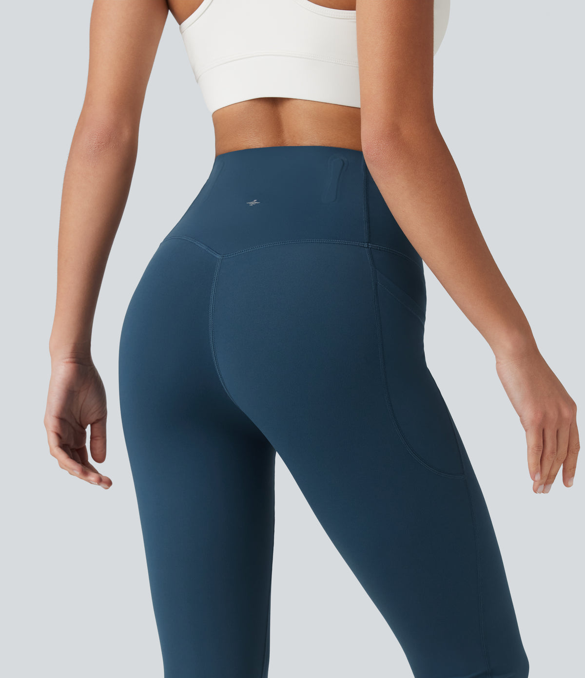 High Waisted Anti-Roll Tummy Control Shaping Workout Pedal Pushers Leggings with Pockets — Majolica Blue — view 7